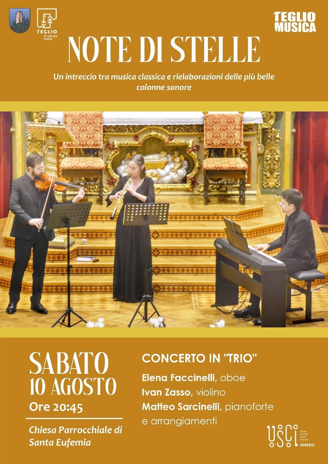 Concerto in Trio a Teglio, Note di Stelle nella notte di San Lorenzo. Sabato 10 agosto ore 20.45, Chiesa Parrocchiale di Santa Eufemia